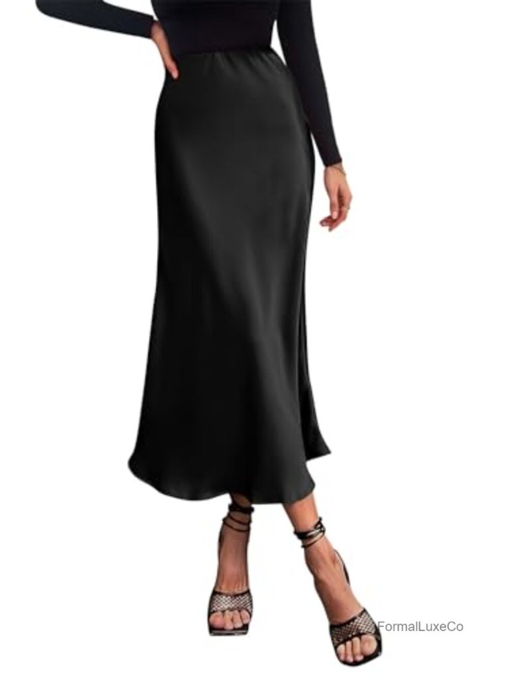 Satin Midi Skirt High Waisted A-Line Flowy Dressy Casual